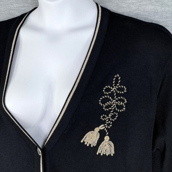Talbots Womens XL Black Wool Cardigan Gold Embroidery Italy Made Button Up Artsy - Picture 5 of 16